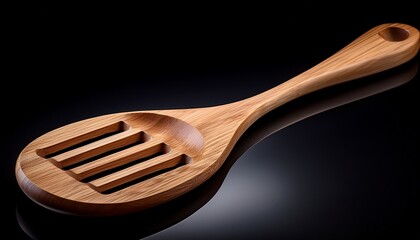 A Simple Wooden Spatula With Slots Is Isolated Against A Stark Black Background For Culinary Use