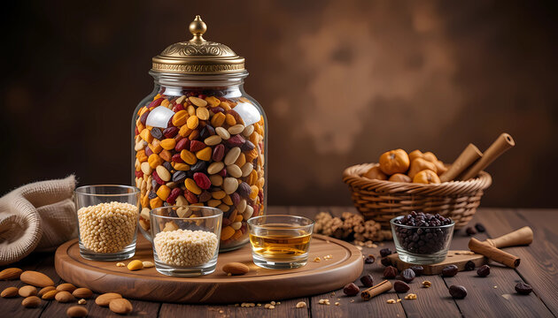 A glass jar filled with nuts and dried fruits on a wooden table with cinnamon sticks