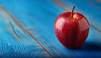 A Red Apple With A Brown Stem Sits On A Blue Wooden Surface