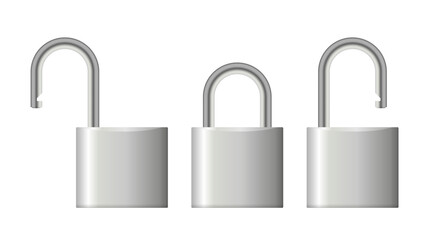 Metallic Padlock Set – Realistic 3D Silver Steel Locks with Shiny Effect, Open and Closed Chrome Padlocks Isolated on White Vector Illustration