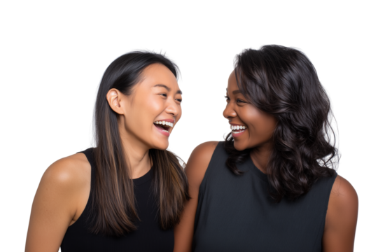 Two young women laughing together in conversation