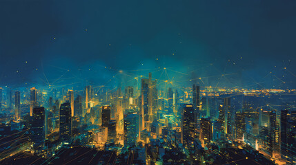 Obraz premium Twilight a city of modern business and smart digital innovation with a network of interconnected rewards over the cityscape of the future smart wireless digital city and social media network