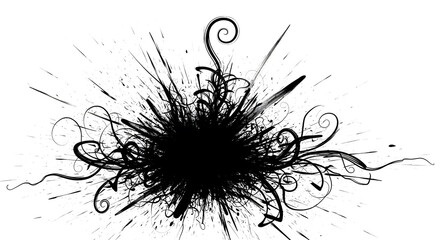 Dynamic Abstract Black Ink Splatter Explosion with Swirls on a White Background Graphic Design