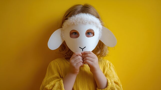 Little Girl Donning Sheep Mask, Enthralling Playful Spirit Captured with White Animal Paper Backdrop Perfect for Creative Campaigns, Social Media Engagement or Lifestyle Branding, Invoking.