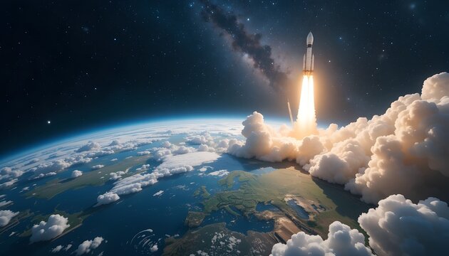 Rocket launch from earth with clouds and milky way in background, space exploration concept