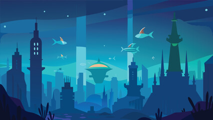 Illuminated underwater city vector illustration with futuristic towers and marine life