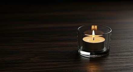 Small Candle Burning in Clear Glass on Dark Wood Surface