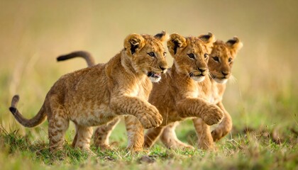 Fototapeta premium Adorable lion cubs on a sunny day in the African savanna exploring their surroundings