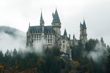 Fototapeta premium Majestic gothic castle shrouded in atmospheric mist on a forested mountainside.