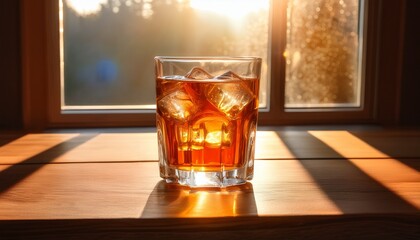 A Glass Of Amber Liquid With Ice Cubes On A Wooden Table Illuminated By Warm Sunlight Through A Window Creating Soft Shadows And A Calm Atmosphere