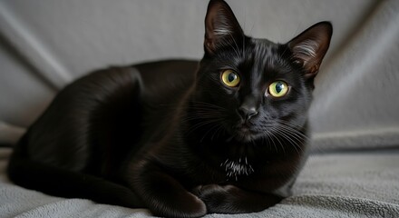 Elegant Black Cat with Golden Eyes Resting on Gray Blanket.
