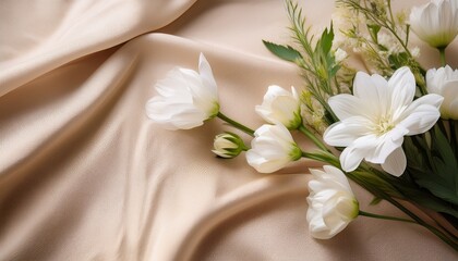 A Delicate Arrangement Featuring White Flowers Against A Textured Creamy Backdrop With Soft Fabric Evoking A Serene And Minimalist Aesthetic