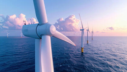 Giant offshore wind turbines with futuristic design surrounded by calm ocean background and clear blue sky