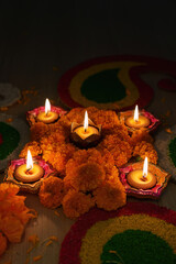 Diwali Festival Celebration with Traditional Diyas and Marigold Flowers