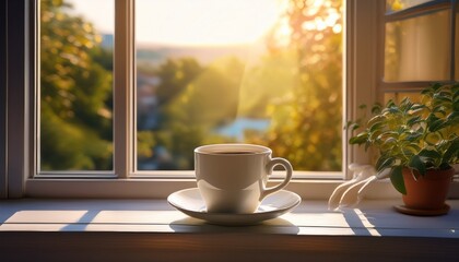 A Cozy Cup Of Coffee Resting On A Bright Windowsill Surrounded By Natural Light And Creating A Relaxing Mood