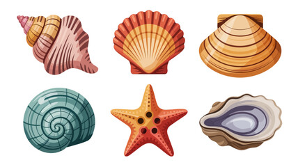 Fototapeta premium Vibrant collection of assorted seashells and a starfish, perfect for summer beach decor and designs