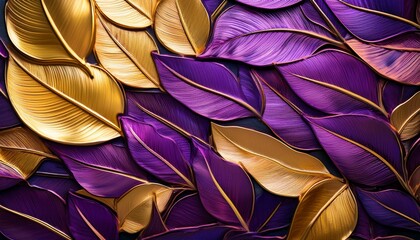 A Close Up Of Vibrant Intricately Veined Leaves In Shades Of Purple And Gold