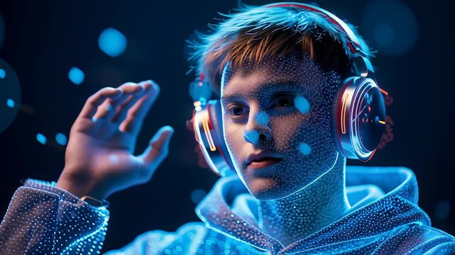 Young professional wearing noise canceling headphones, immersed in digital audio landscape, connecting personal sonic experience with cutting edge technological innovation