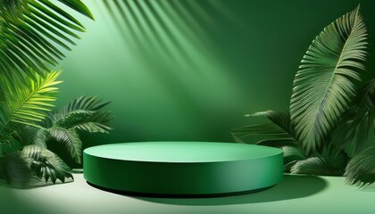A Circular Green Podium Rests In A Vibrant Green Space Surrounded By Softly Cast Shadows From Tropical Leaves Above Creating A Serene And Modern Atmosphere
