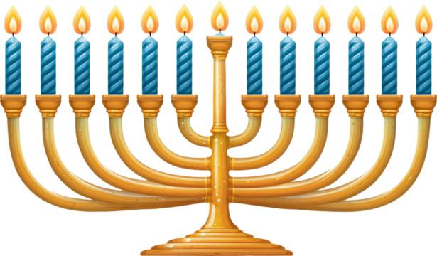Golden Hanukkah menorah with blue candle light joyful celebration
