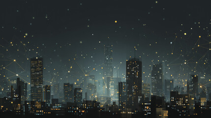 Twilight a city of modern business and smart digital innovation with a network of interconnected rewards over the cityscape of the future smart wireless digital city and social media network