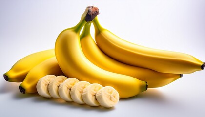 A Bunch Of Ripe Yellow Bananas With Three Banana Slices Placed In Front