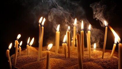 A Bunch Of Candles Are Lit And Are Surrounded By Smoke