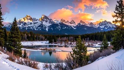 Keuken achterwand Reflectie Majestic mountain range reflected in serene lake at sunset.  © athena