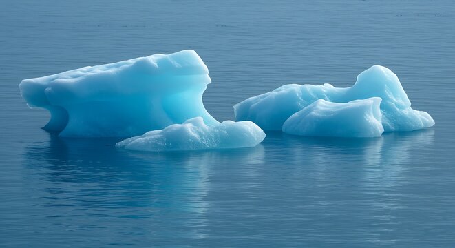 Bright blue icebergs floating in calm blue water ocean