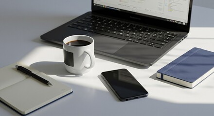 Laptop, Coffee, Smartphone, Notebook: A Productive Workspace Scene