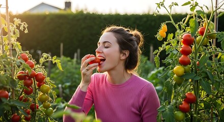 Joyful woman enjoying fresh tomato in garden during golden hour, perfect for health, wellness, and organic food themes