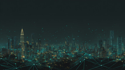 Fototapeta premium Twilight a city of modern business and smart digital innovation with a network of interconnected rewards over the cityscape of the future smart wireless digital city and social media network