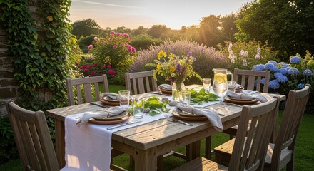 Alfresco dining arrangement amidst blooming garden setting at golden hour