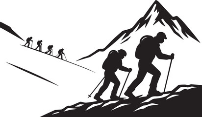 Trailbound Spirits – Silhouette of Hikers on Snowy Mountain Path