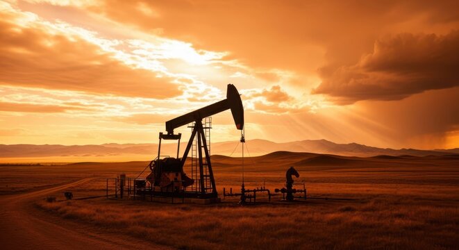 An oil pumpjack operates in a vast dry field under a dramatic sunset sky with