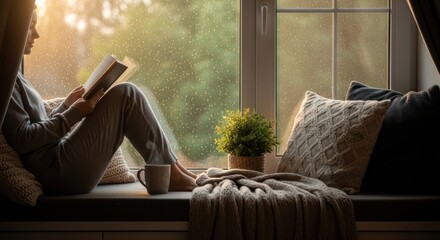 A cozy scene of a woman reading by the window during a rainy day providing comfort and tranquility