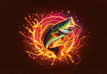 Bold largemouth bass erupting with fiery halo and splash on black background. Ideal for radiant fishing apparel, hobby tees, showcasing explosive wildlife