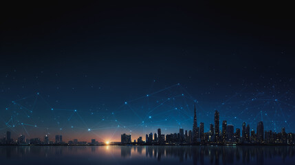Fototapeta premium Twilight a city of modern business and smart digital innovation with a network of interconnected rewards over the cityscape of the future smart wireless digital city and social media network