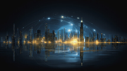  Twilight a city of modern business and smart digital innovation with a network of interconnected rewards over the cityscape of the future smart wireless digital city and social media network