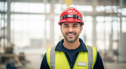 Confident construction worker in a red hard hat and safety vest smiling for the camera in a modern industrial setting
