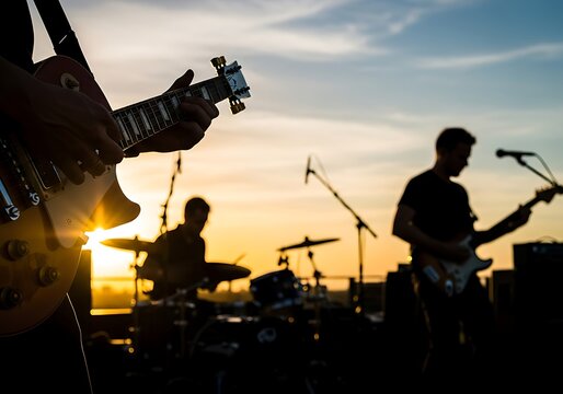Guitarists playing on stage at sunset electric guitar - Powered by Adobe