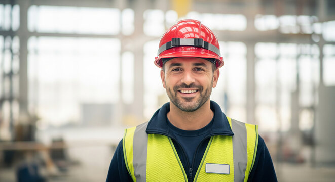 Confident construction worker in a red hard hat and safety vest smiling for the camera in a modern industrial setting - Powered by Adobe