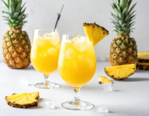 Two glasses filled with a vibrant, refreshing pineapple juice, garnished with pineapple slices, and ice cubes on a light gray surface.