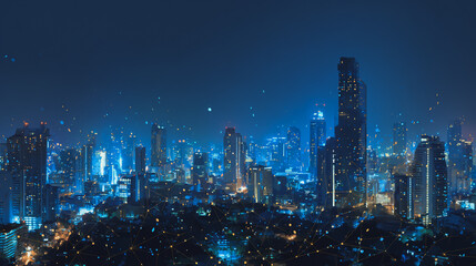 Naklejka premium Twilight a city of modern business and smart digital innovation with a network of interconnected rewards over the cityscape of the future smart wireless digital city and social media network