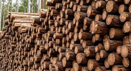 Large pile of freshly cut timber logs stacked in a forest.
