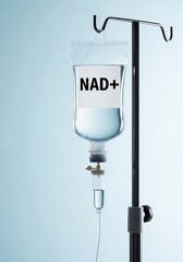 Intravenous N A D fluid bag on stand infusion medical