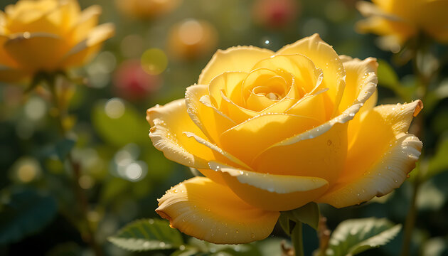 A vibrant yellow rose in full bloom its delicate petals unfurling in the soft sunlight surrounded by a blurred garden of green leaves and other blooming flowers - Powered by Adobe