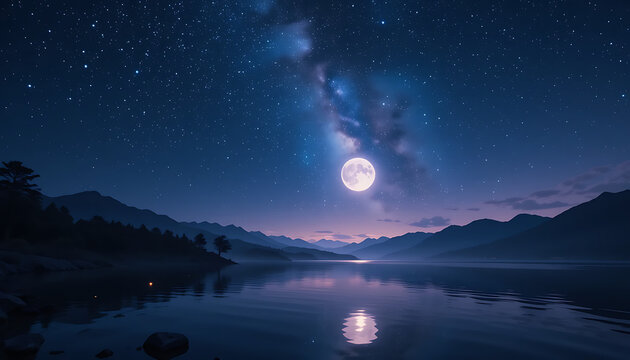 Majestic full moon illuminates a serene lake reflecting the vibrant milky way galaxy and distant mountain silhouettes under a clear starry night sky - Powered by Adobe