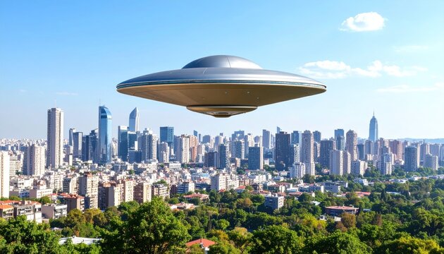 UFO hovers over cityscape a futuristic encounter above the metropolitan skyline with advanced