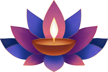 Peaceful glowing diya oil lamp inside purple lotus flower design